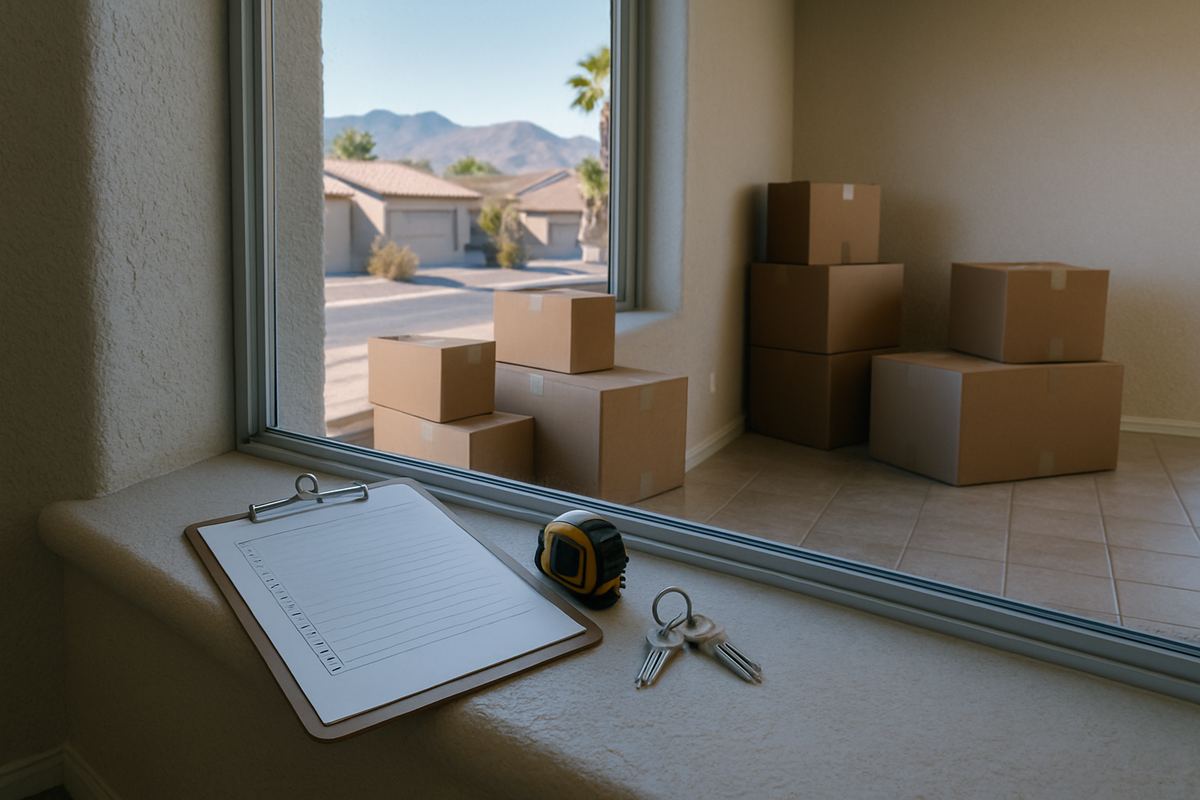 Clipboard and keys on the windowsill of an empty living room