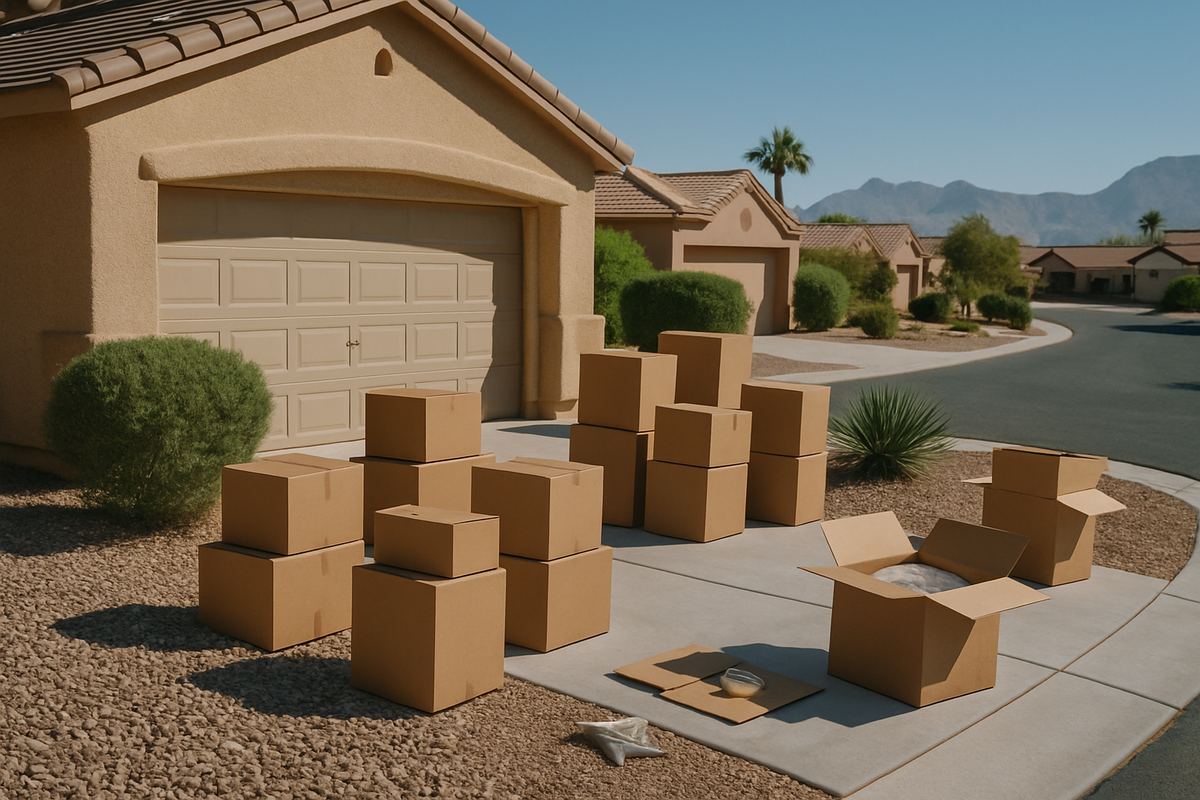 Front of a vacant stucco home on a quiet Las Vegas cul-de-sac