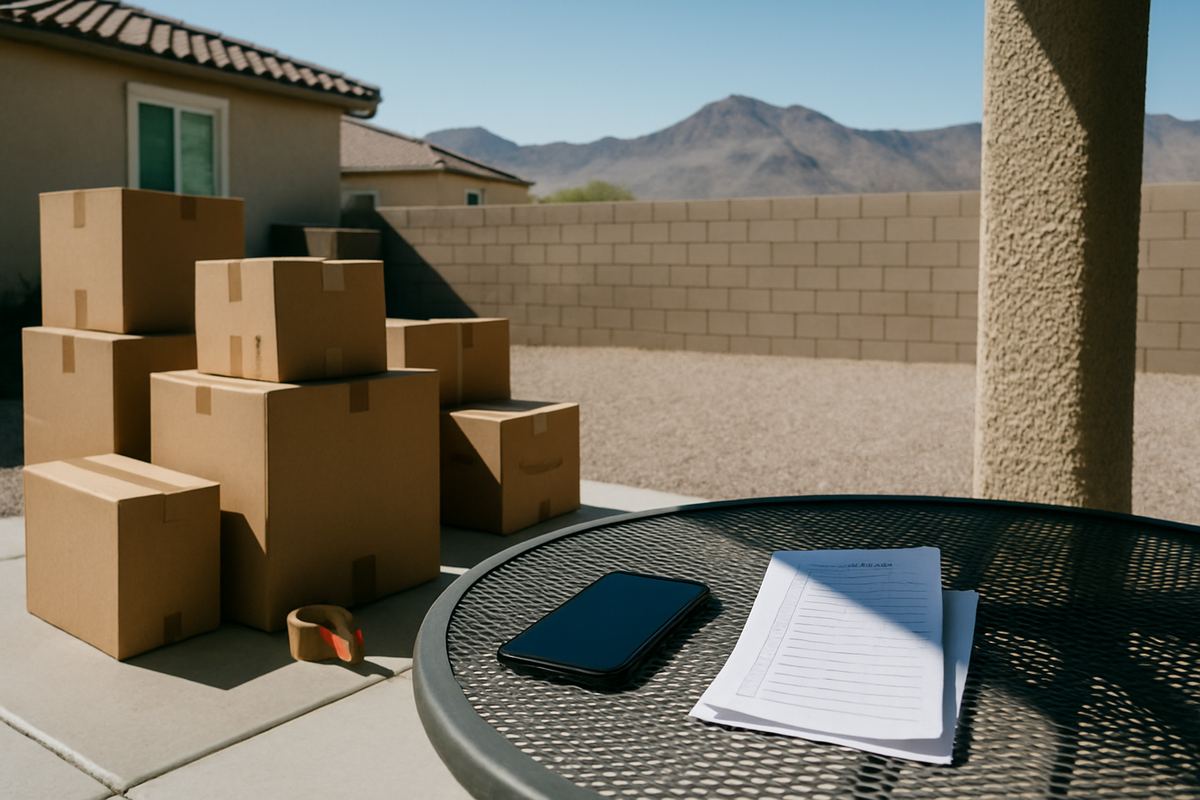 Phone and moving checklist on a shaded patio table