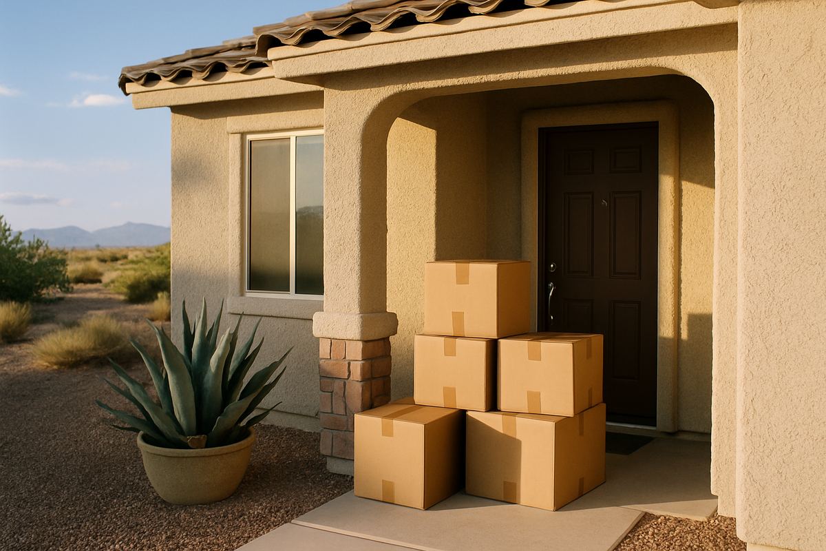 Moving boxes beside the front door of a stucco home