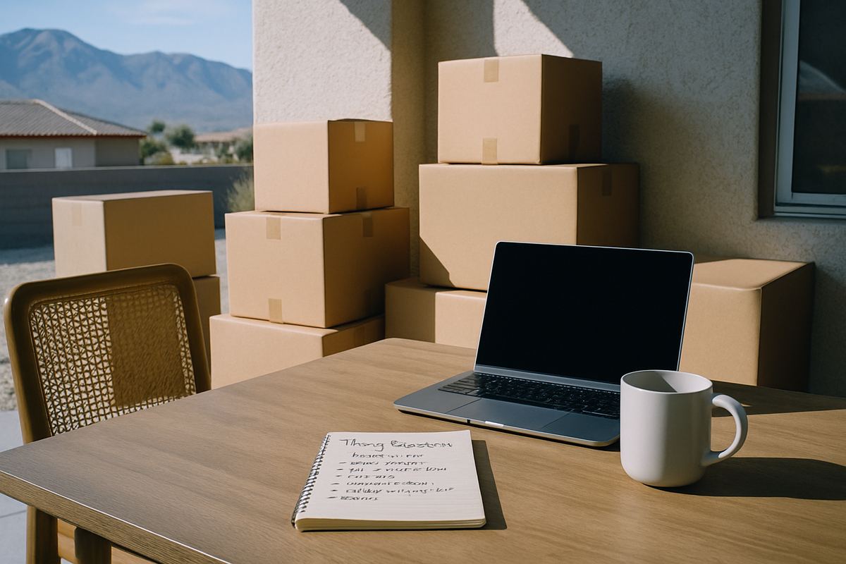 Notepad of moving questions on a dining table near boxes