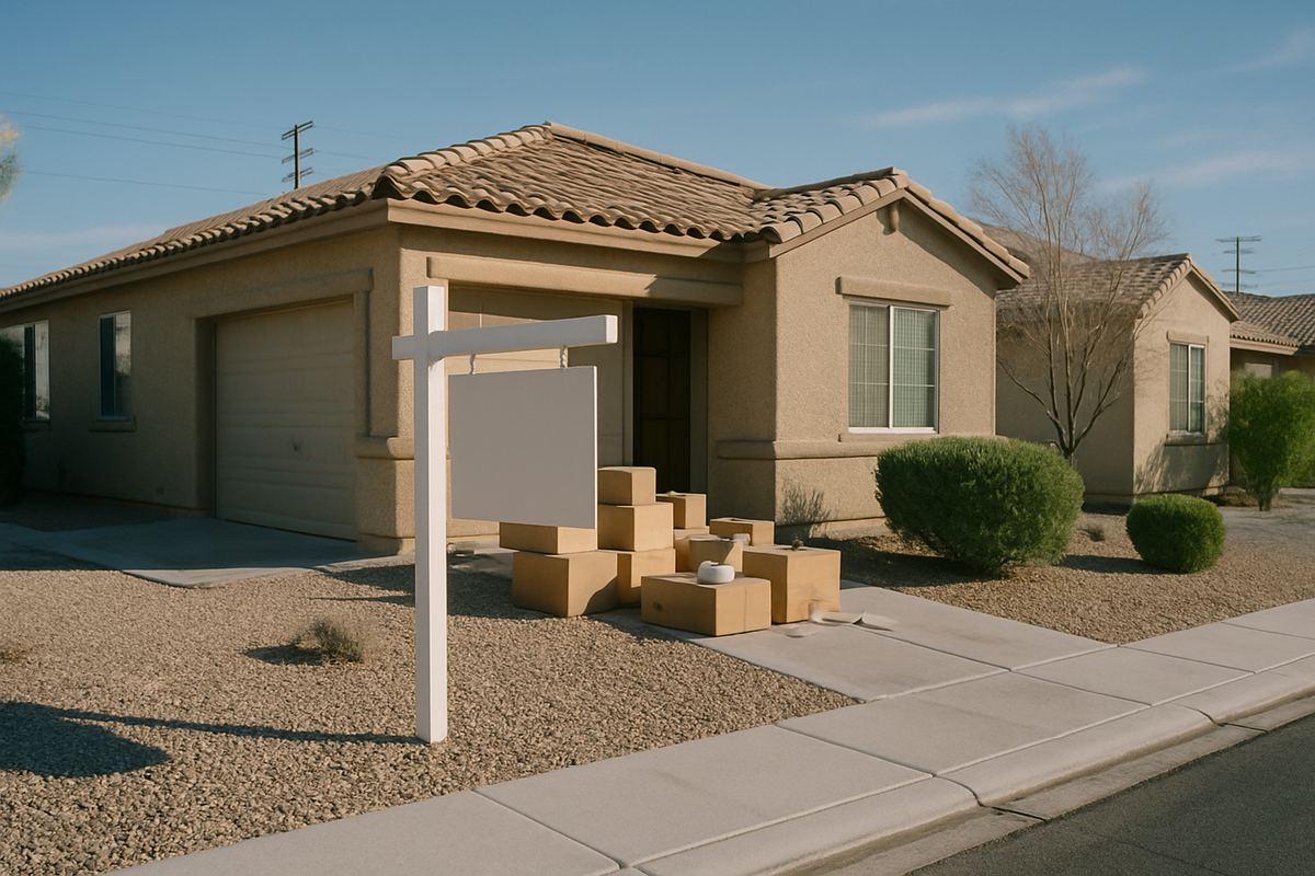 Blank yard sign in the gravel front yard of a stucco home