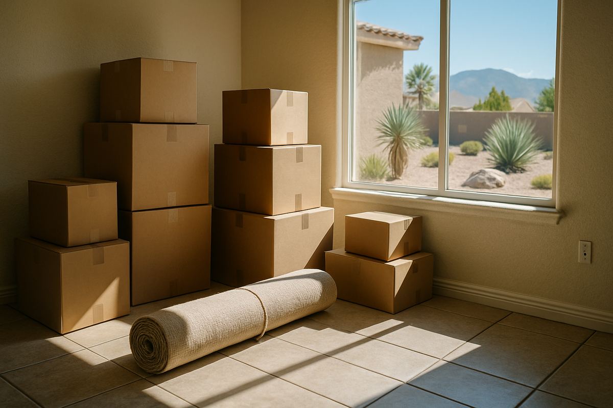 Moving boxes stacked in a stucco living room