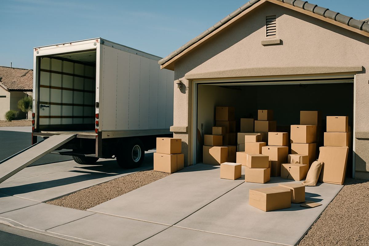 Open garage with a moving truck parked in the driveway
