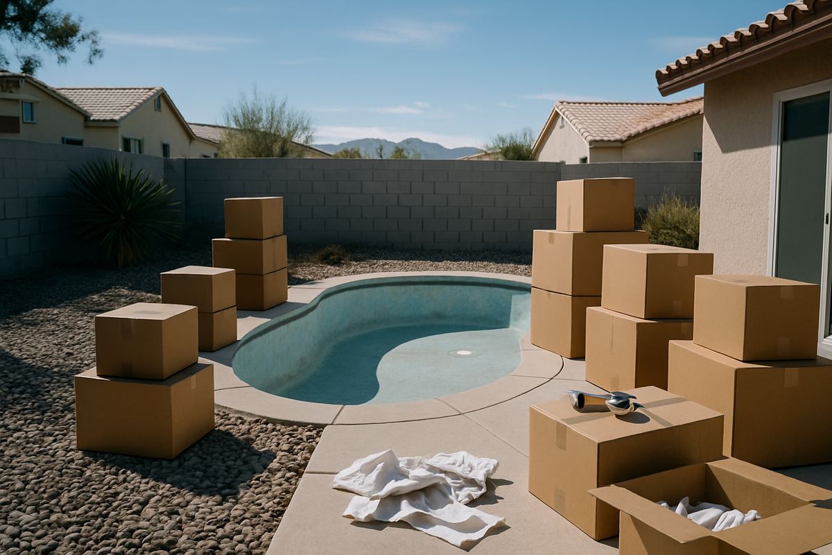 Older backyard pool behind a Las Vegas block wall