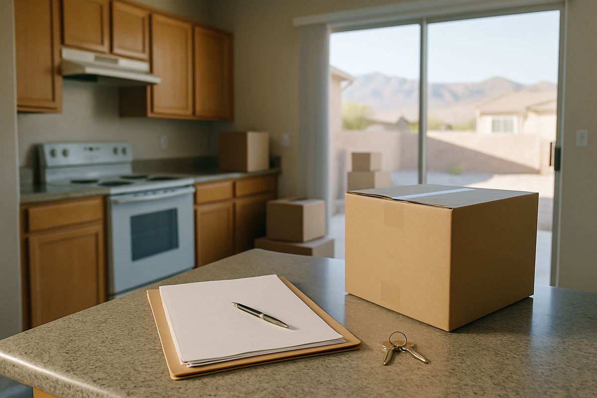 Closing papers and house keys on a kitchen counter beside a box