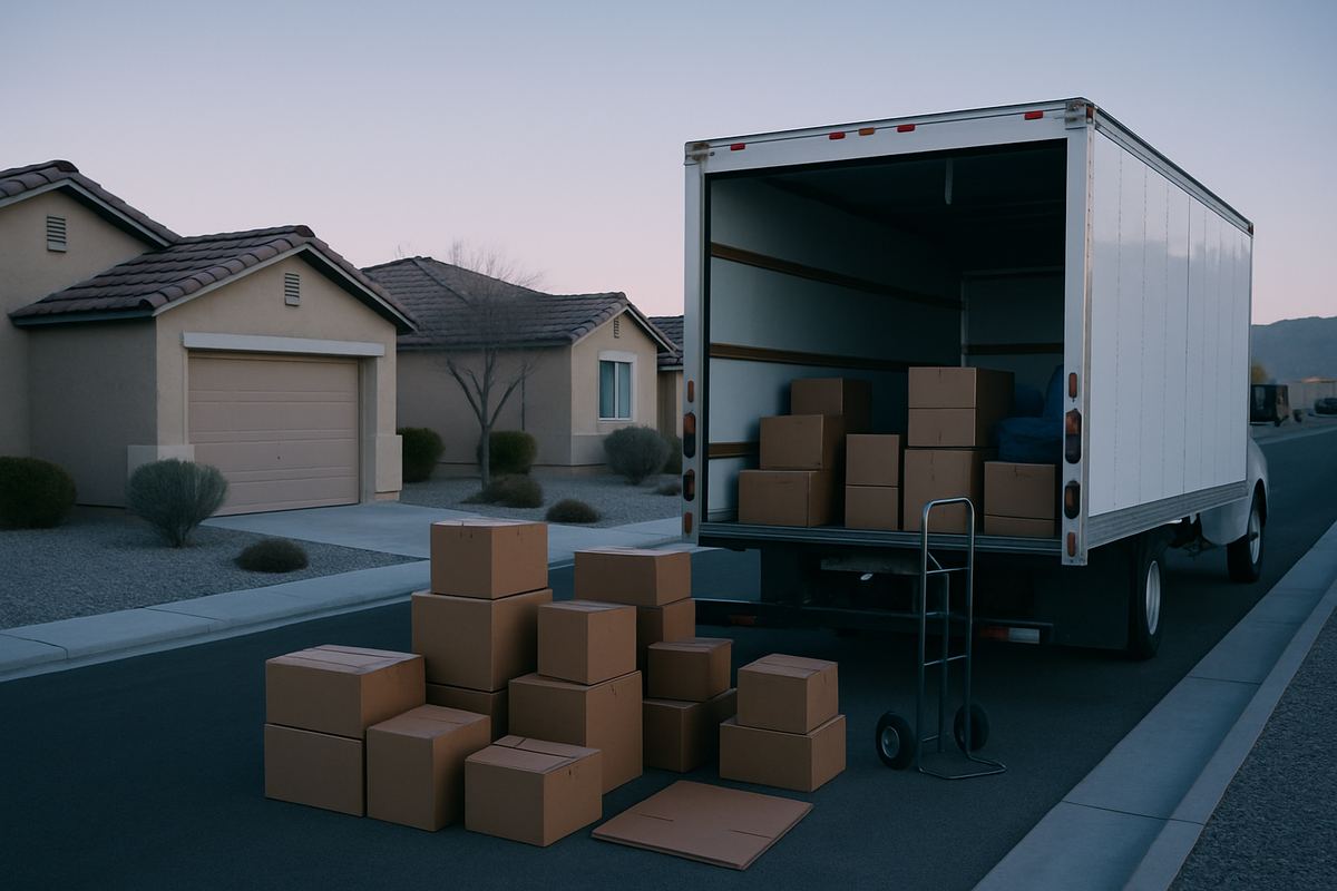 Moving truck parked on a quiet desert residential street at dusk