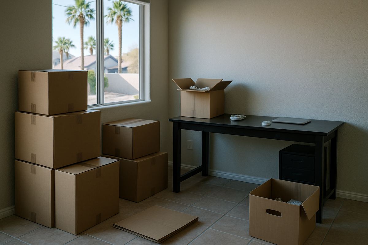 Home office being packed up for a job relocation