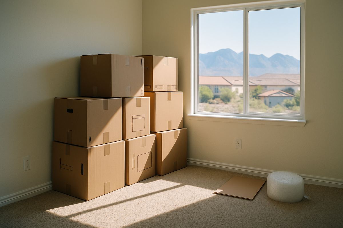 Packed boxes in an empty bedroom of a Centennial Hills home