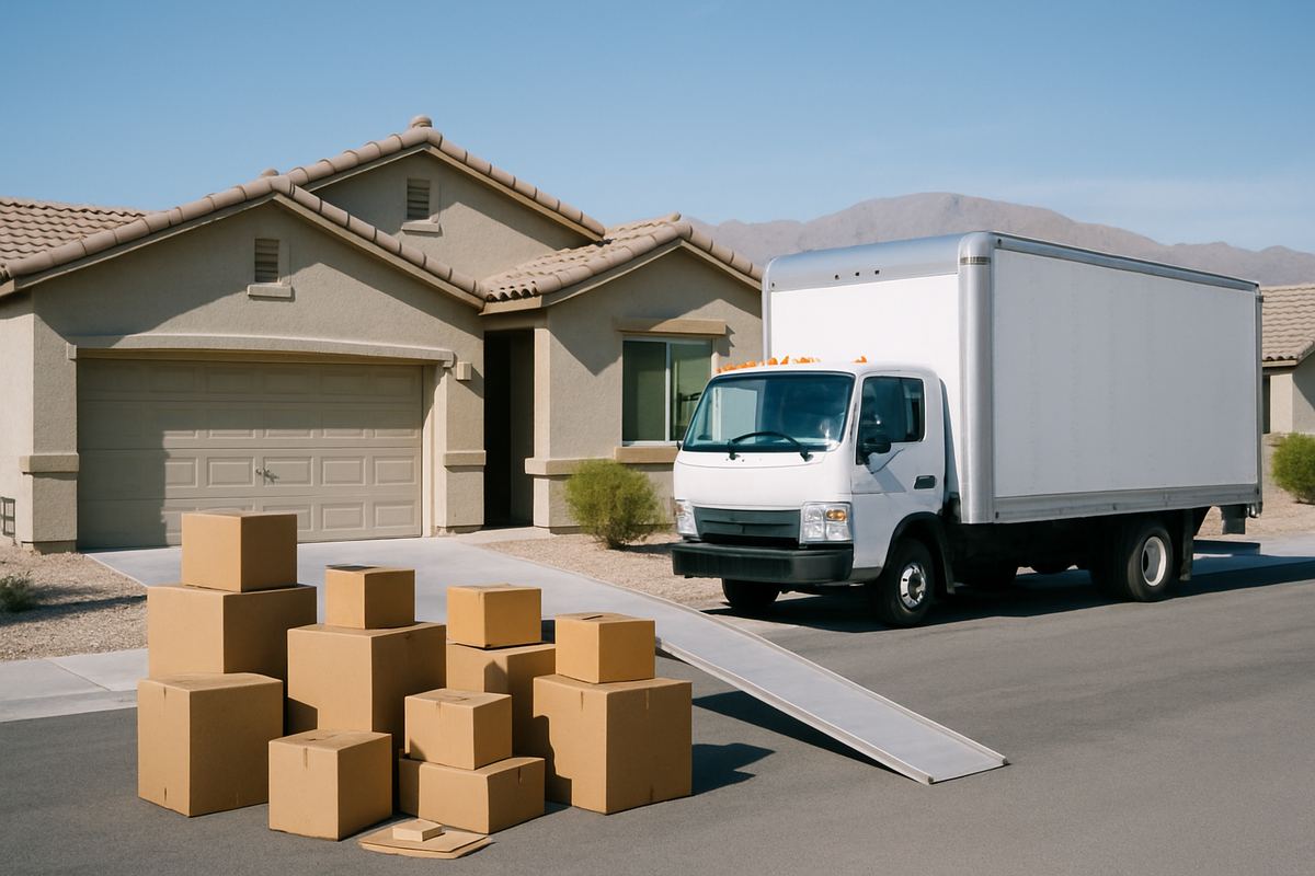 Moving truck outside a single-story stucco home in North Las Vegas