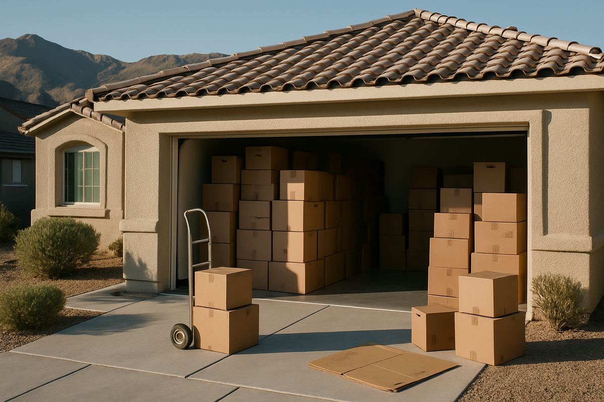 Garage filled with packed moving boxes before a military move