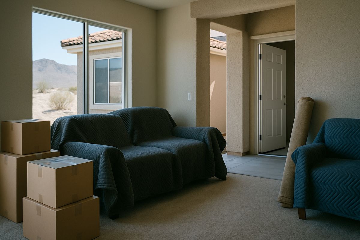 Furniture wrapped in moving blankets inside a Spring Valley house