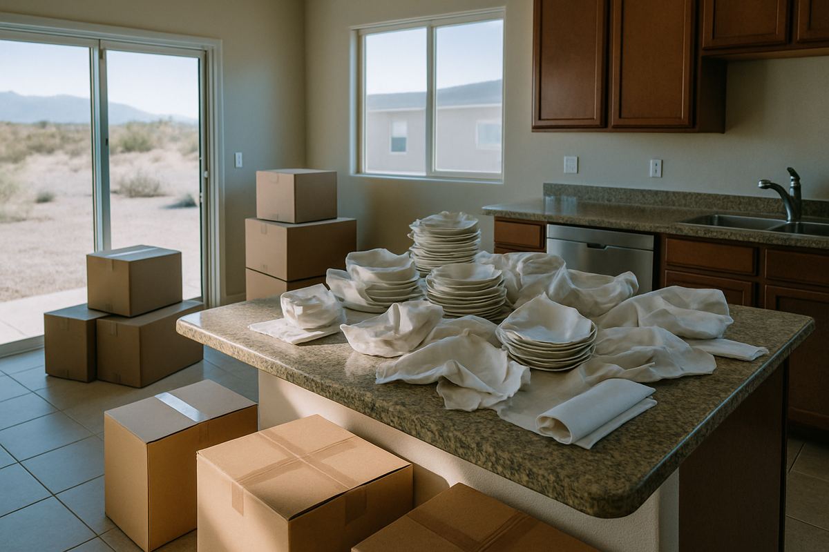 Kitchen packed for a move in a Summerlin home