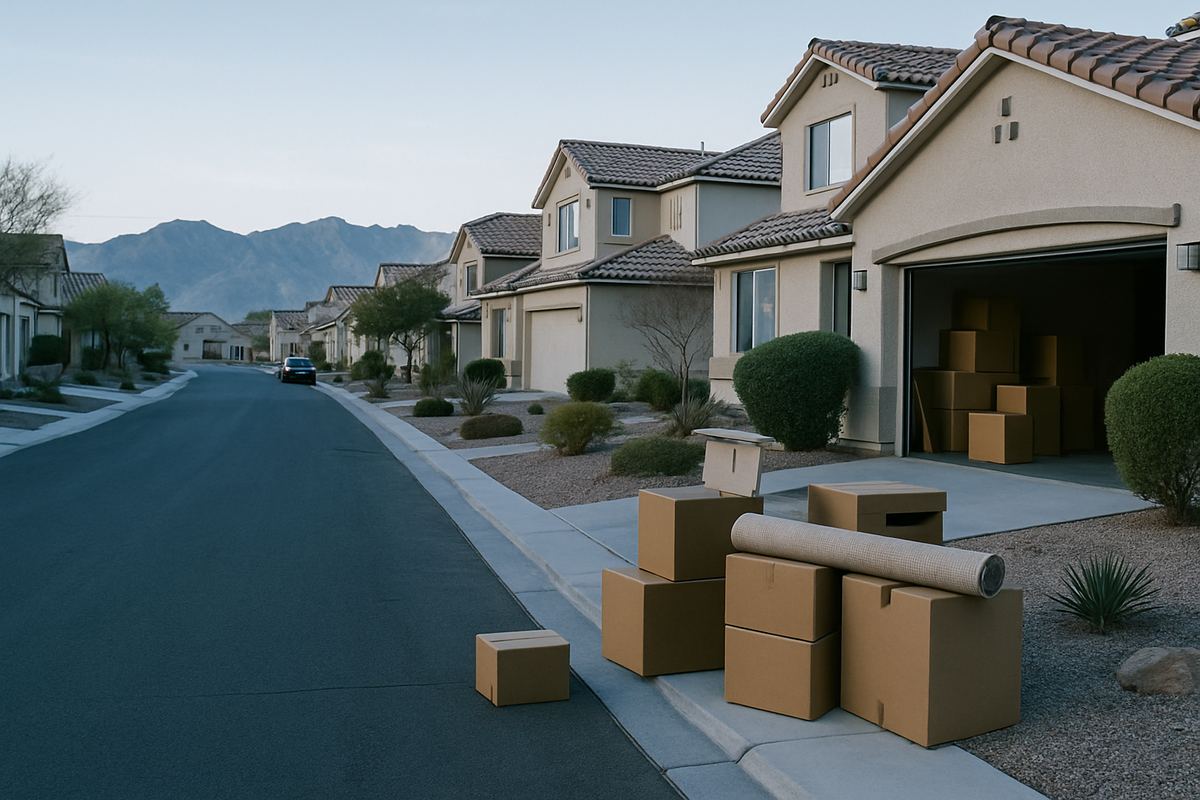 Las Vegas valley neighborhood street at dusk with stucco homes and mountains behind
