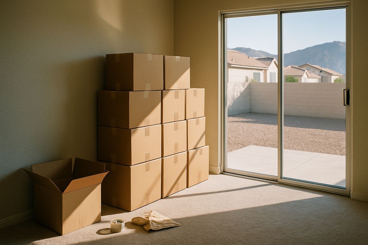 Taped moving boxes in an empty Las Vegas living room ready for a move