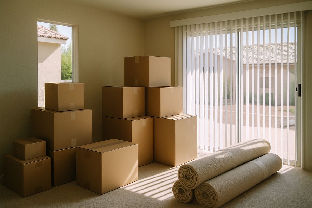 Packed moving boxes in a stucco living room before a PCS move