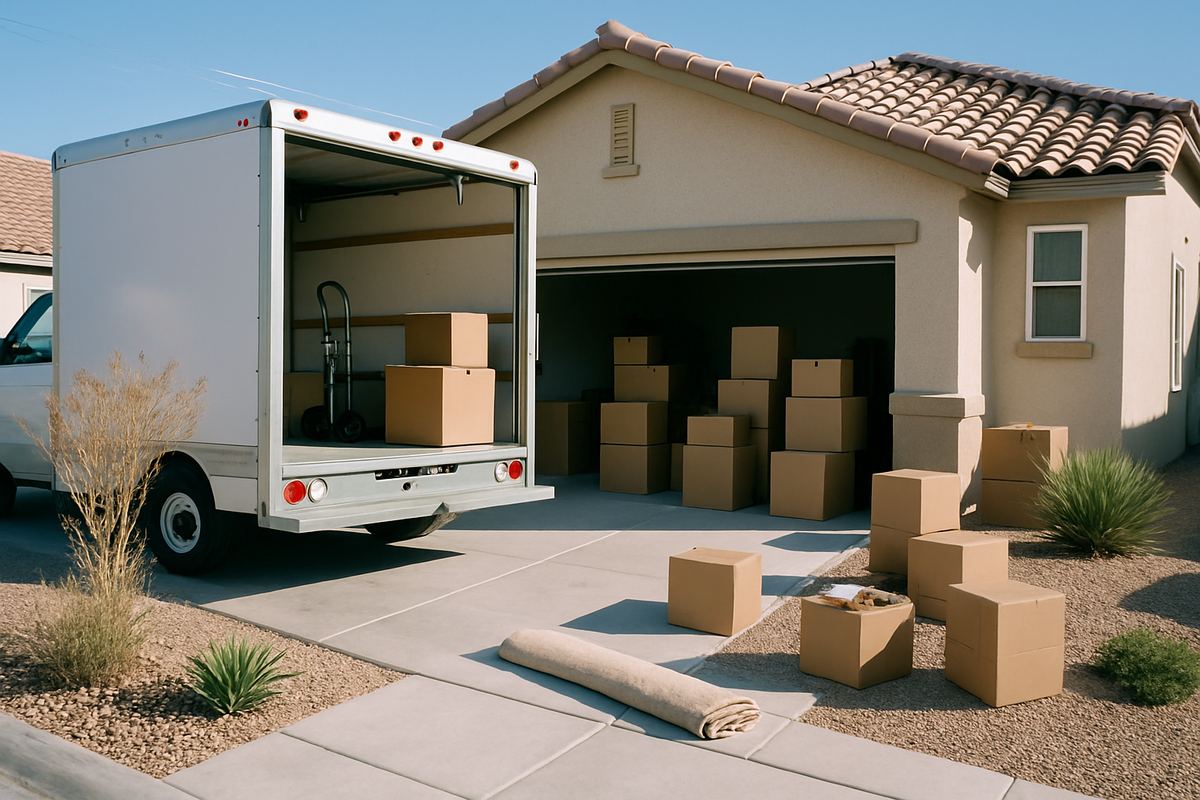Moving truck parked in front of an open garage at a Las Vegas home
