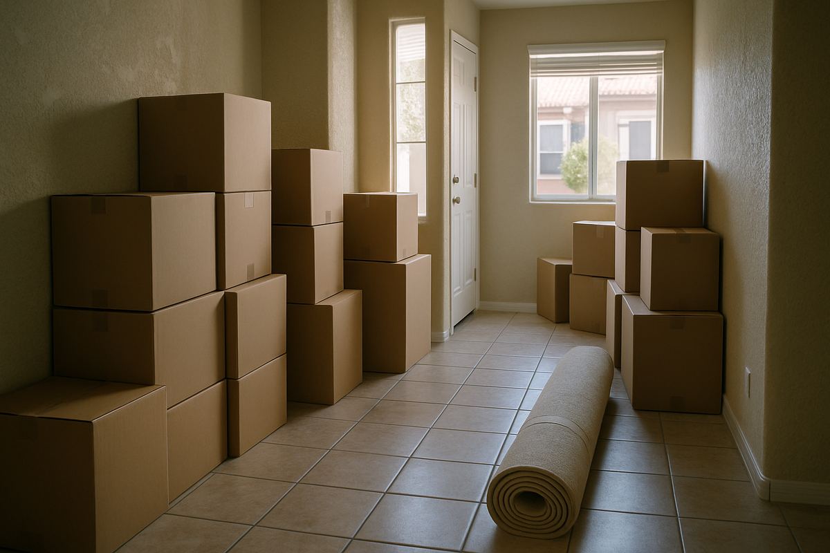 Hallway lined with moving boxes in a Las Vegas home