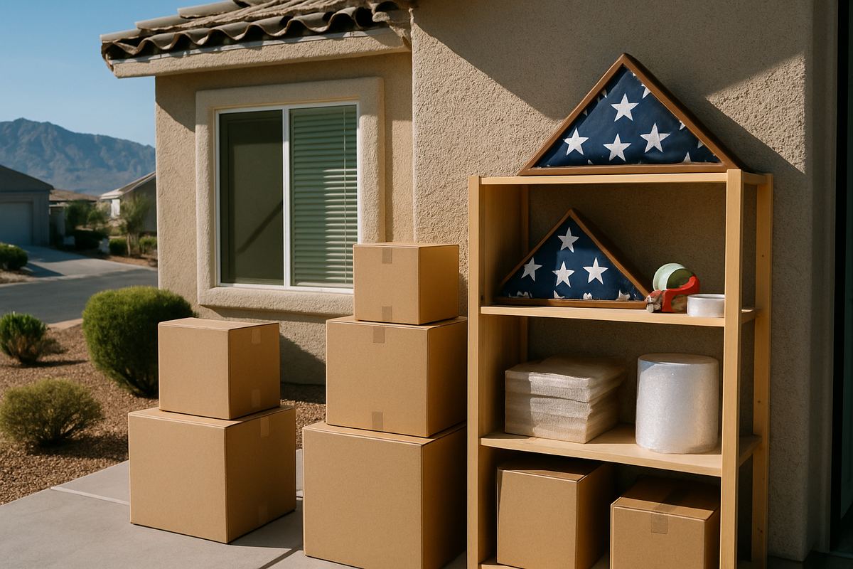 Flag display case beside moving boxes in a Las Vegas home